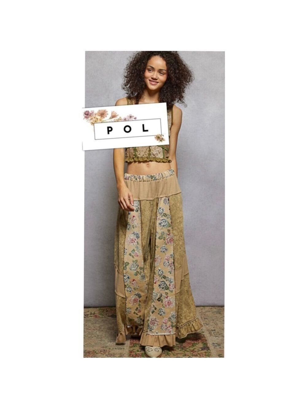 NEW POL Boho Coastal Cowgirl Patchwork Baggy Hippie Wide Leg Pants Size Med.